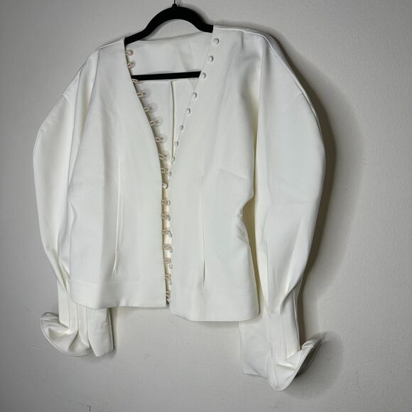 Cream V-Neck Loop & Button Front Balloon Pleated Cuff Sleeve Crop Blouse Med - Picture 4 of 11